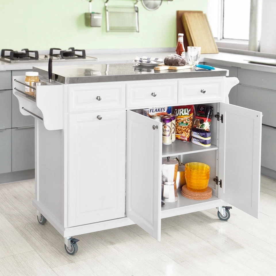 SoBuy Carrello da cucina con piano in acciaio inox, armadio da cucina, carrello con ruote, carrello di servizio FKW33-W