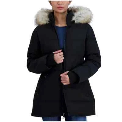 NWT Nautica Women Hooded Faux Fur Rimmed Puffer Jacket Black Size S $200 6C034