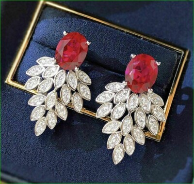 3Ct Oval Lab Created Unique Red Ruby Peacock Stud Earrings 14K