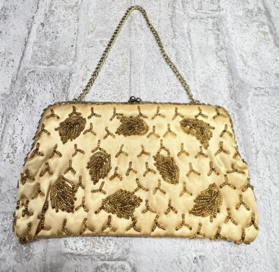 Vintage Satin Beaded Kiss Lock Evening Bag Clutch Purse w/Chain Strap 7