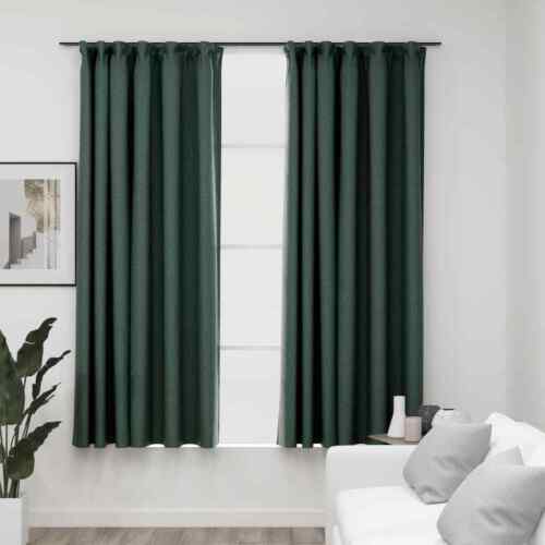 Linen-Look Blackout Curtains with Hooks 2 pcs Green 140x175 cm - Picture 1 of 4