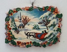 HORSE DRAWN SLEIGH, SNOWY CHURCH SCENE * Glitter CHRISTMAS ORNAMENT Vtg Img