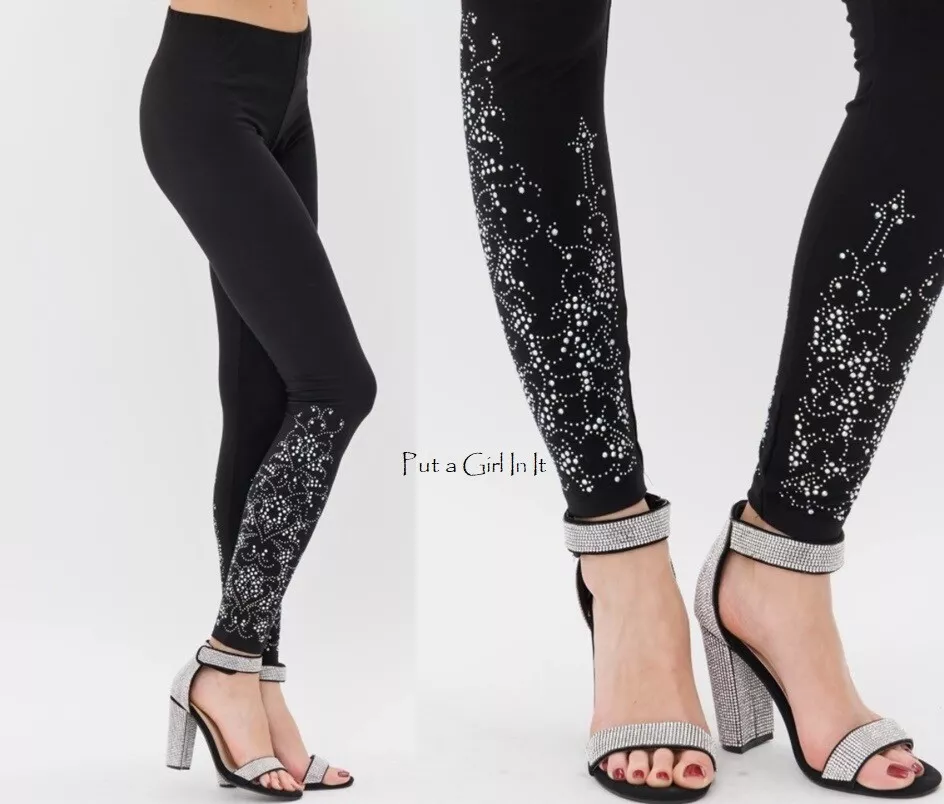 New VOCAL Womens PLUS SIZE CRYSTAL BLING BLACK FLORAL STRETCH LEGGINGS 1X  2X 3X