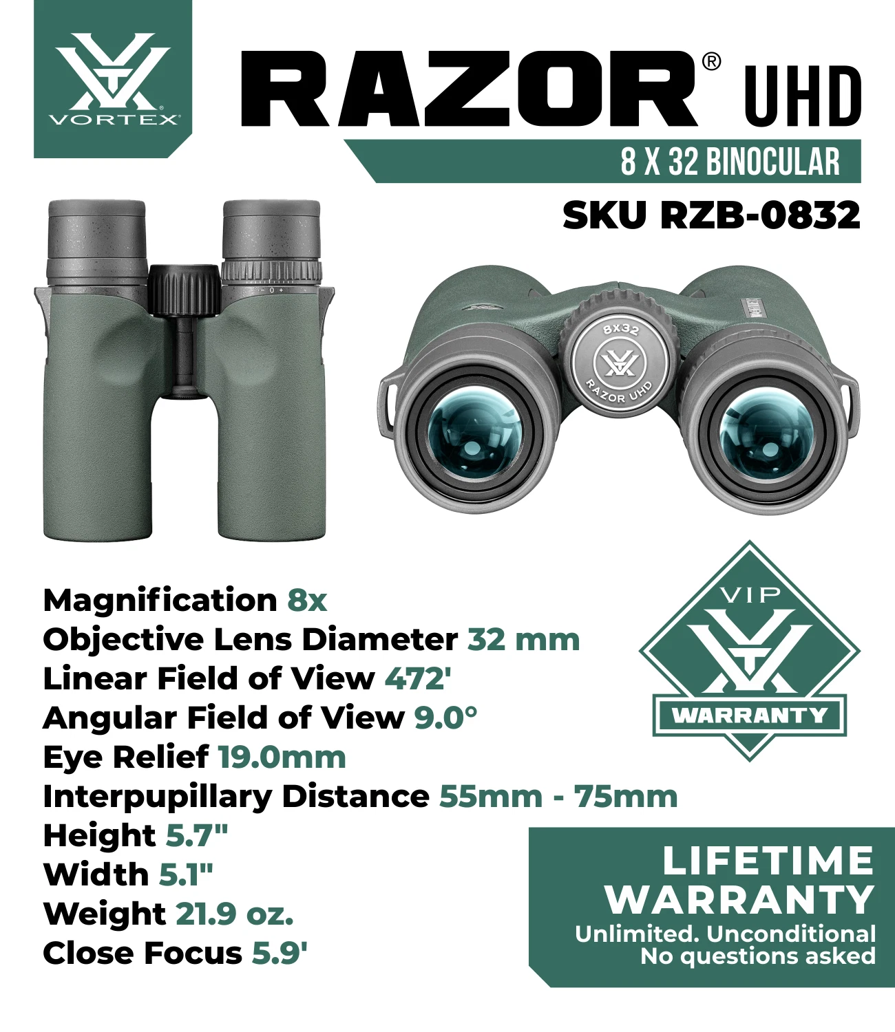 Vortex Optics Razor UHD 8x32 Binoculars RZB-0832 w/ Free Camo