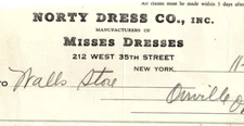1936 NORTY DRESS CO NEW YORK NY 35th ST. MISSES DRESSES BILLHEAD INVOICE Z2503