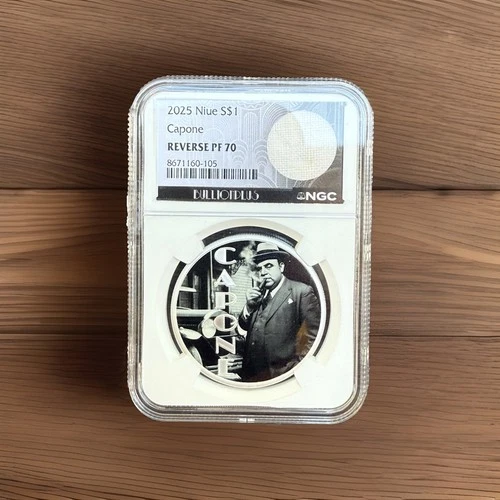 2025 $1 NIUE REVERSE PROOF SILVER AL CAPONE NGC PF70 TABLECLOTH ESTATE SWATCH