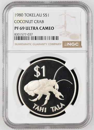 1980 TOKELAU ISLANDS COCONUT CRAB Silver Proof Dollar $1 - NGC PF 69 ULTRA CAMEO