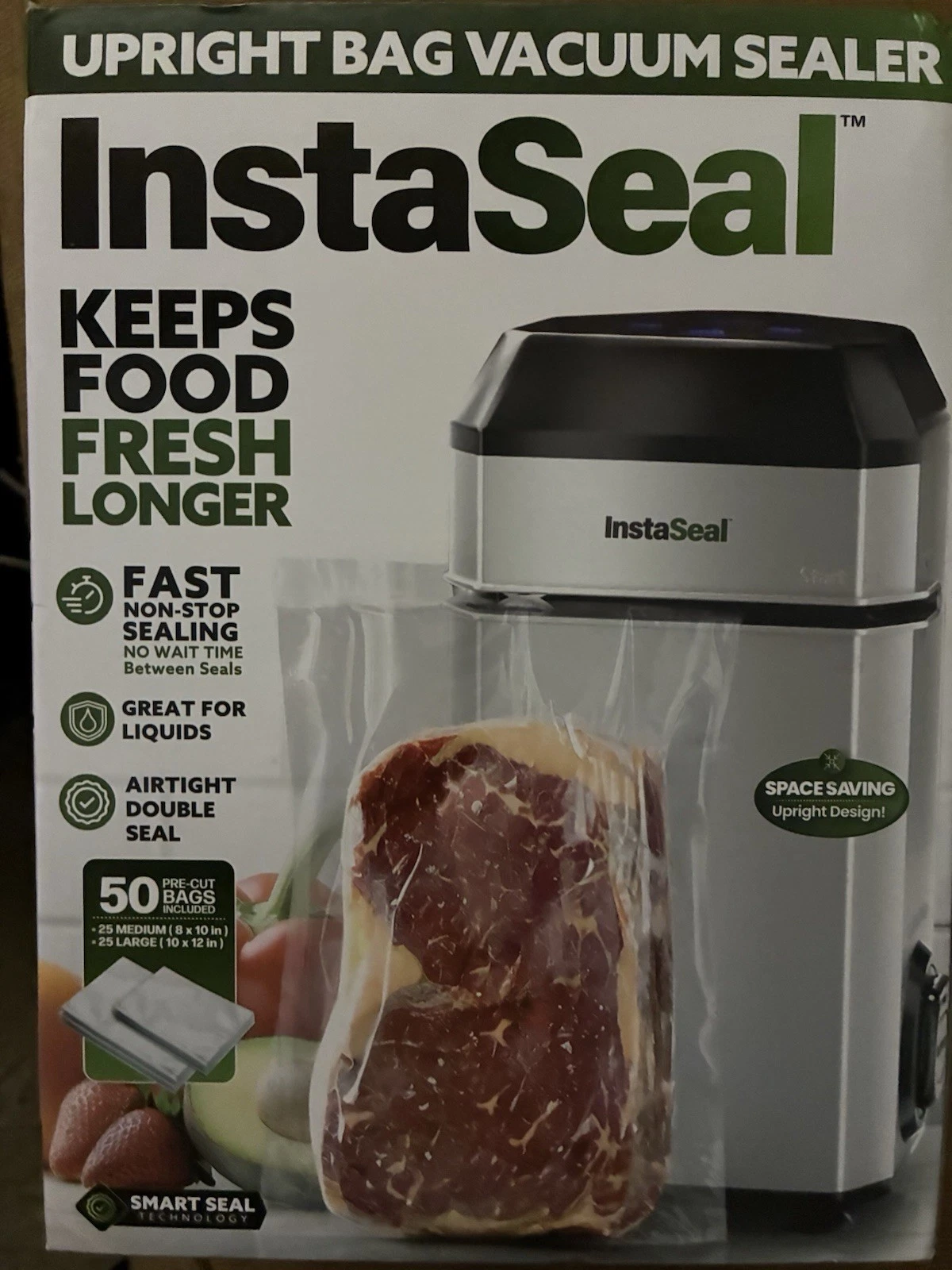 InstaSeal Vacuum Sealer Food Saver Bag Sealer- Upright Suction Base With 50 Bags