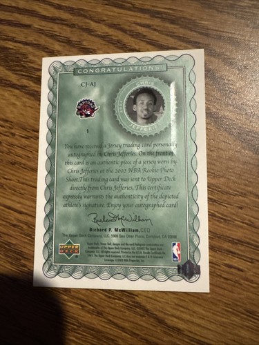2002-03 Upper Deck Honor Roll Chris Jefferies Signed Jersey Patch CJ-AJ Raptors - Picture 4 of 4