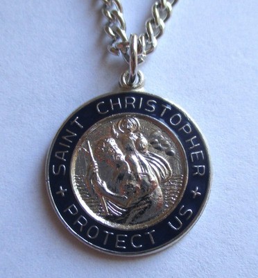 7/8in VINTAGE STERLING SILVER ENAMEL SAINT CHRISTOPHER MEDAL CHAIN NECKLACE