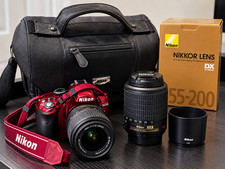 Nikon D3200 Red DSLR Camera Bundle 18-55mm  55-200mm NIKKOR Lenses  Bag
