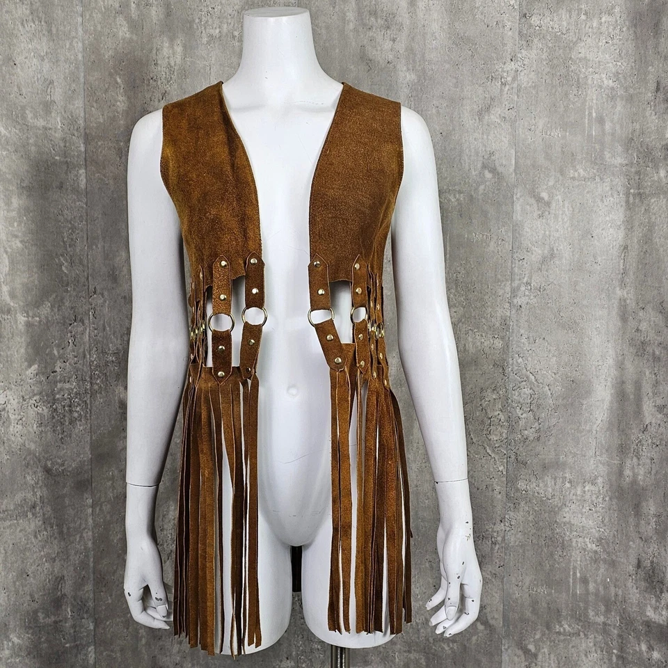 Vintage 70s Fringe Vest Suede Leather Hippie Festival Western Boho Rings Brown - Image 2 of 4