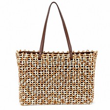 Woven Straw Tote Bag Brown Cream Large Shoulder Bag Beach Summer Boho Purse