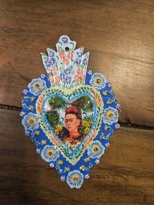 Peruvian Milagro Frida Hand Painted Tin Heart signed by artist small wall art 