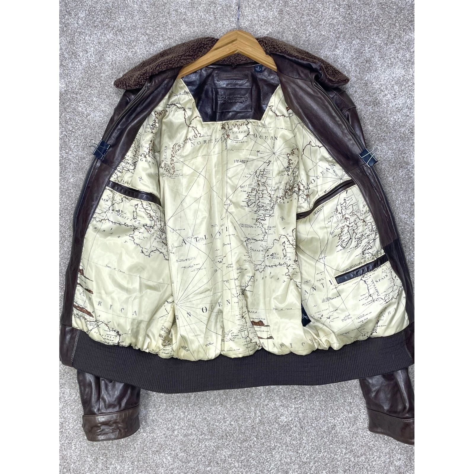 Roundtree & Yorke Lambskin Leather Bomber Jacket Mens S Brown Aviator Fur Moto - product detail image 4