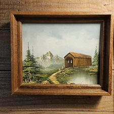 Original Oil Painting On Canvas Framed Signed Serene Mountain Covered Bridge 