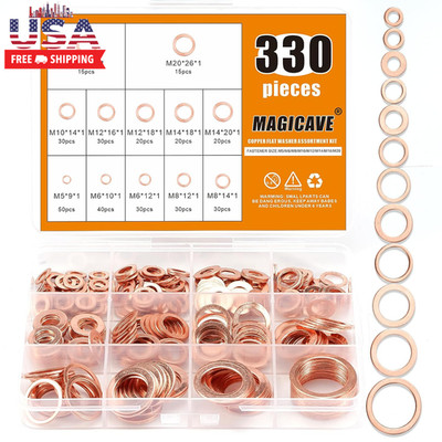 330 Pcs Copper Washers Assortment Kit   12 Sizes Flat Sealing Crush Washers (M5-
