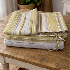 100 Cotton Green Brown Blue FQ Striped Quilt SET 2 Pillow Shams 90x90 READ 