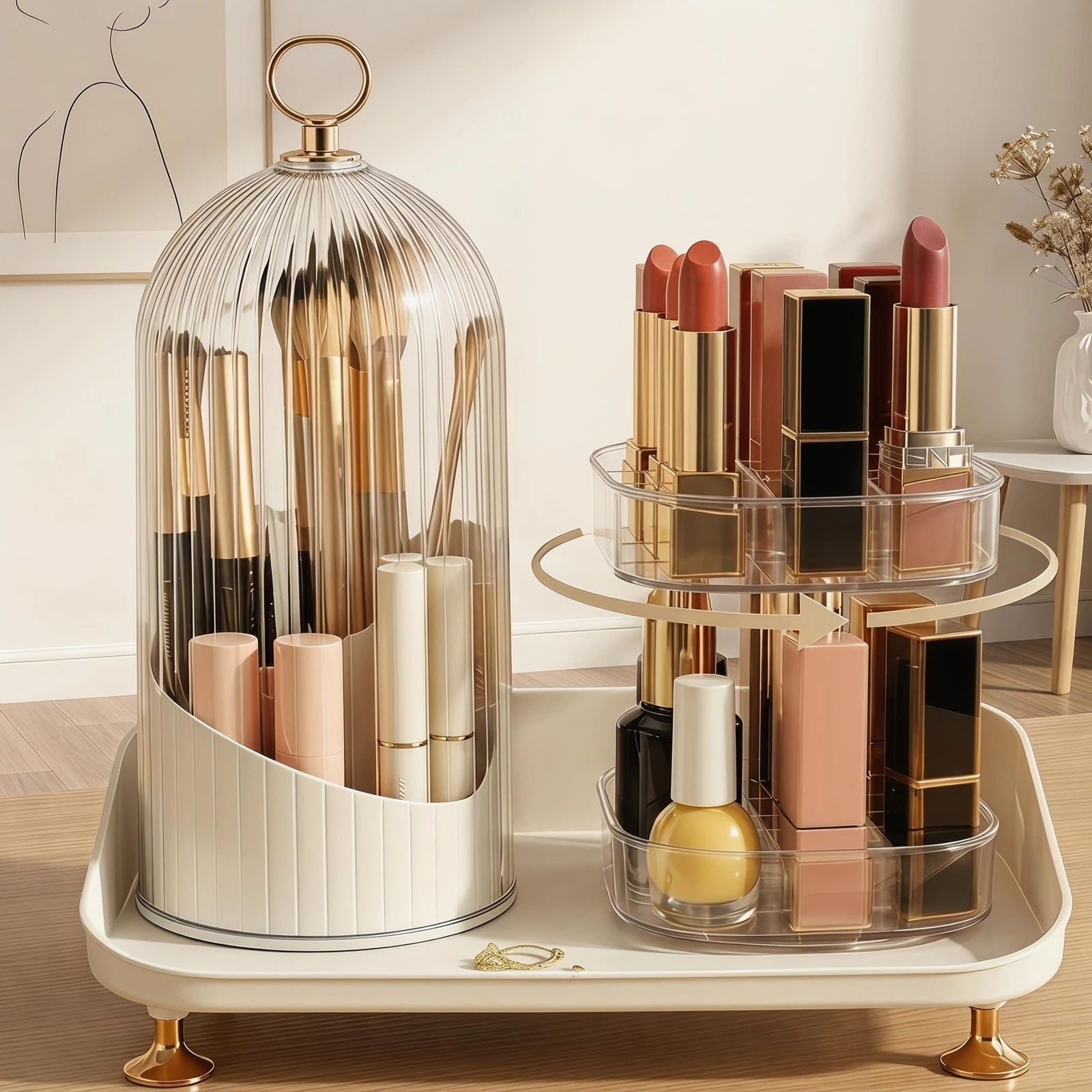360° Rotating Dustproof Makeup Brush Holder, Multifunctional Lipstick Cosmeti...
