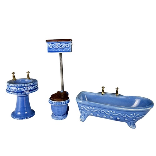Vintage Miniature Bathroom Set Made In Japan Blue Ceramic Clawfoot Tub Sink F14Q