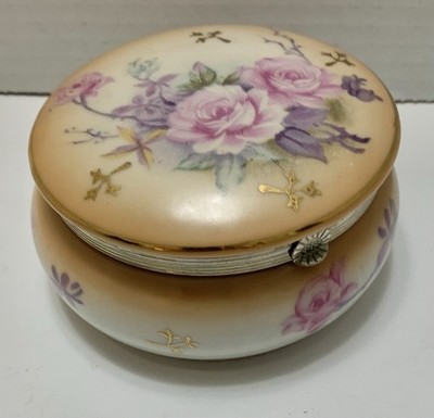 VINTAGE LEFTON CHINA JAPAN BISQUE TRINKET JEWELRY BOX FLORAL GOLD