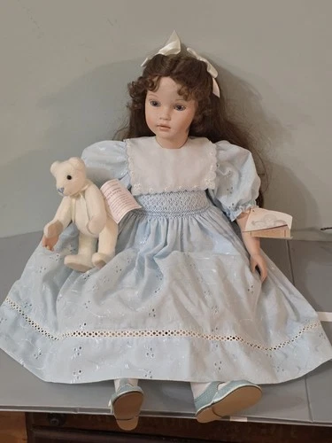 Pauline's Limited Edition Lindsay Porcelain Collector Doll Blue Dress Teddy Bear