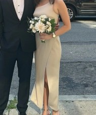 BHLDN Anthropologie beige one shoulder bridesmaid dress