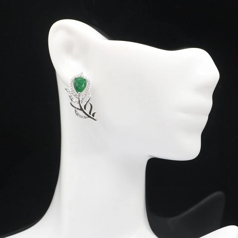 Compra 2 y obtén 1 gratis pendientes de plata de boda con forma de pluma verde real esmeralda circonita cúbica Foto 3 de 3