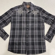 Roar Men's M Pearl Snap Shirt Star Embroidered Black Plaid Flip Cuff Western