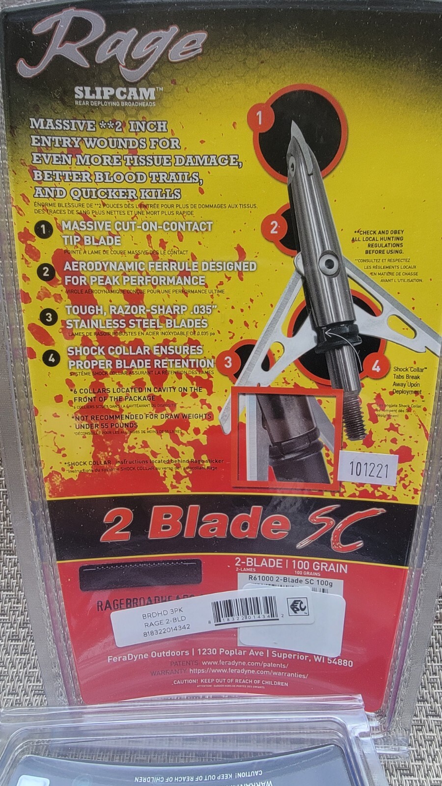 Rage Archery Broadheads 2Blade SC 100 Grain 2” Cut SlipCam Rear