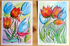 2 Aquarellbilder original Postkartenformat Blumen handgemalt