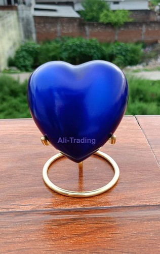Blue Cremation Urn for Ashes Keepsake Heart Urn with Black Box and Brass Stand - Picture 5 of 6