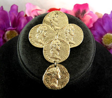 M LENT Vintage BIG BROOCH MOCK Roman COINS Heavy Dangle Charm Goldtone 3 1/8"