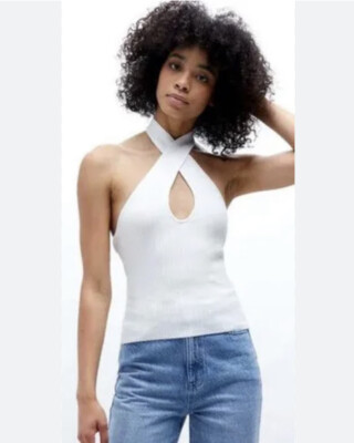 NWT Minkpink White Maitland Knit Y2K Style Halter Top Women's Size XS