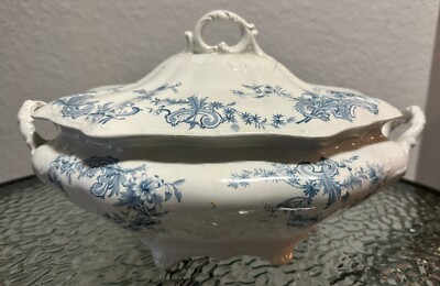 Oval Covered Vegetable Laurel Blue by PITCAIRNS Blue Floral, Scrolls, Scalloped