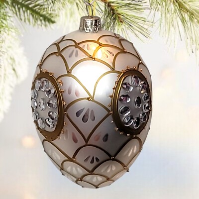 Vgt Large Silver & Gold Jeweled Egg Blown Glass Christmas Ornament 5 
