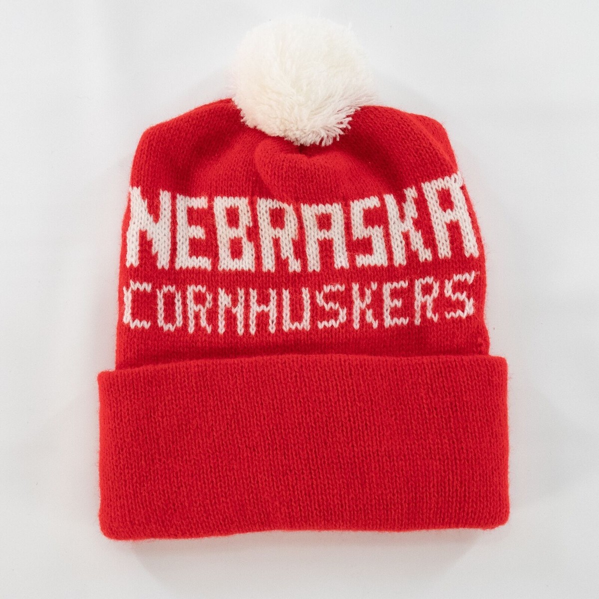 Vintage Nebraska Cornhuskers Beanie Hat Pom Pom 80s Red NCAA