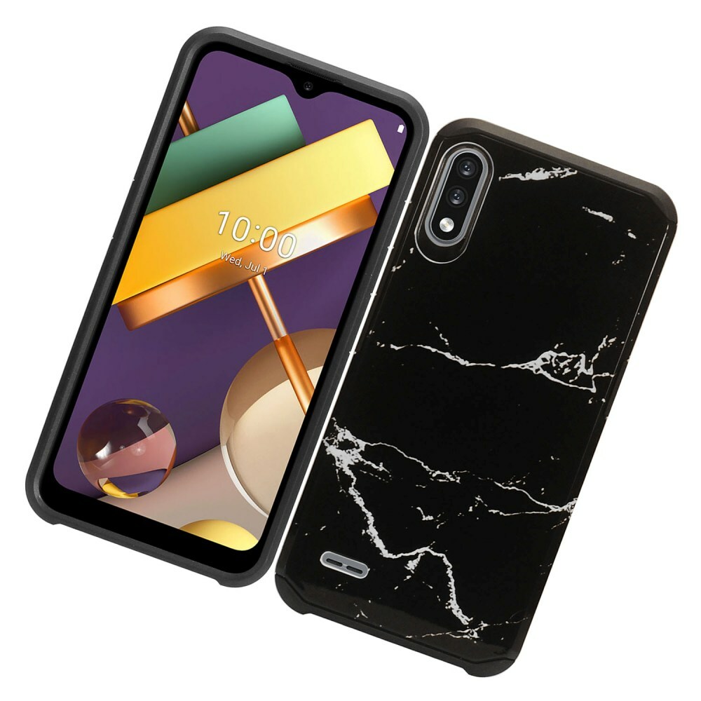 For LG K22 5G K32 Black Marble Case Armor Dual Layer Shockproof TPU Hybrid  Cover