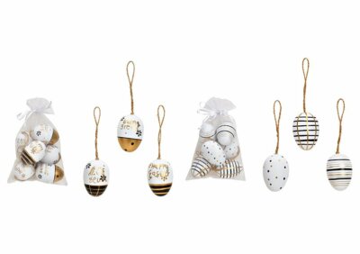 Hänger 6er Set Ostereier 4x6x4cm, aus Kunststoff Schwarz, weiß/gold, im Beutel