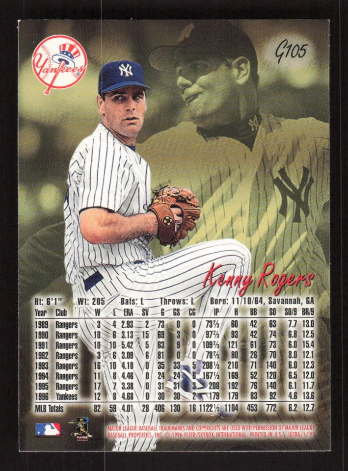 1997 Ultra Gold Medallion #G105 Kenny Rogers New York Yankees - Image 2 of 2
