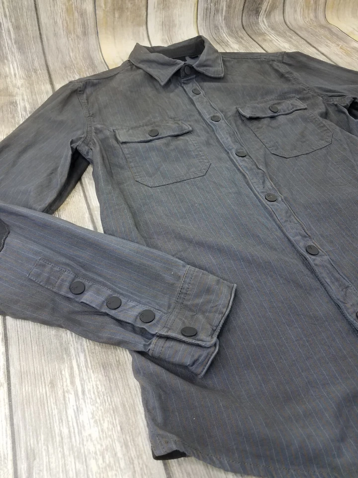 Rogue Button Snap Down Biker Shirt Elbow Patches Mens Size M Gray Striped Preppy - Image 3 of 4