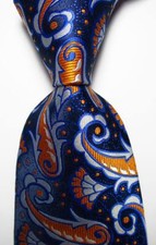 New Classic Paisley Blue Orange White JACQUARD WOVEN Silk Men's Tie Necktie