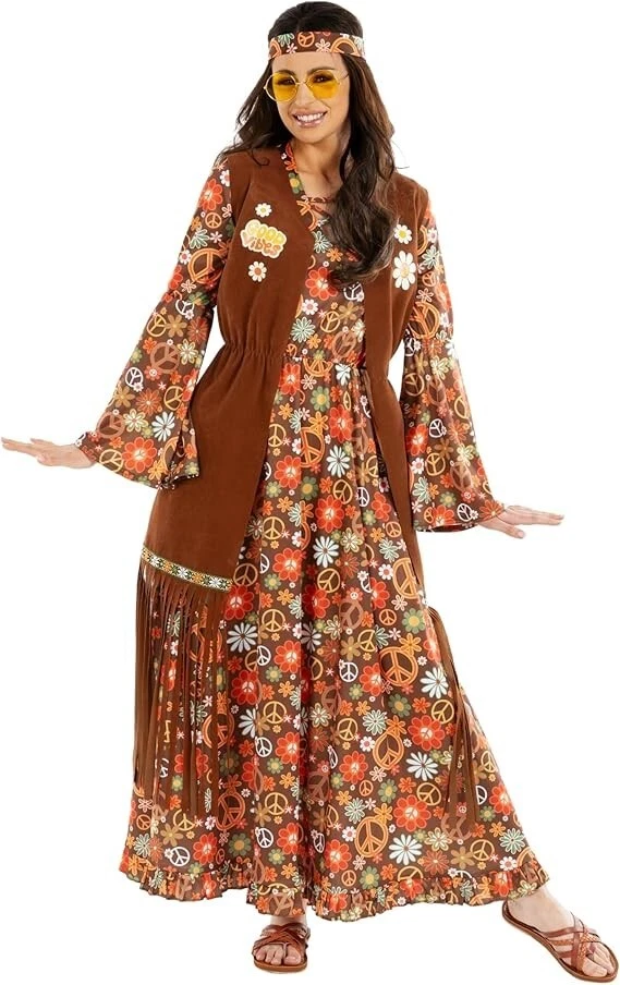 Women`s Long Hippie Costume S-XXL Ladies Hippy Dress 70`s Flower Child Halloween - Image 2 of 4