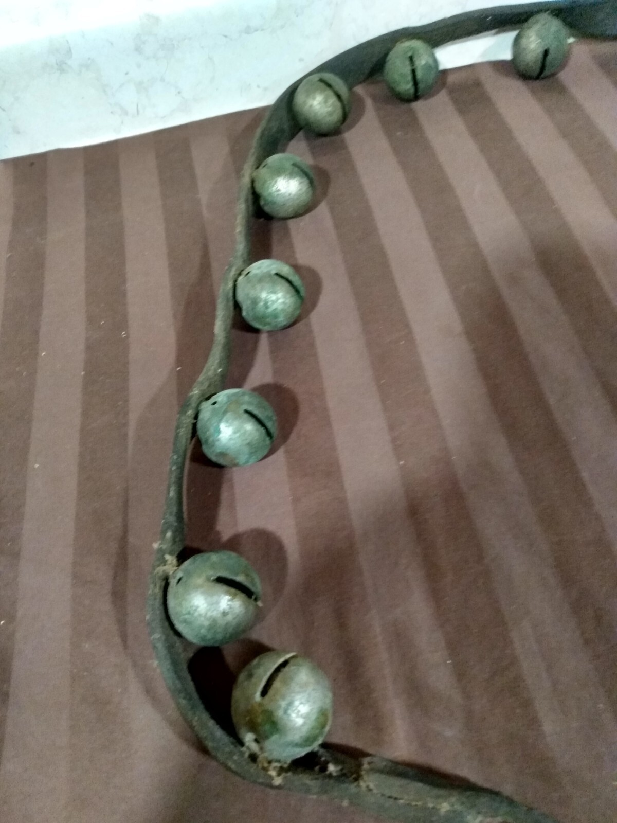 Antique Brass Sleigh Bells 60in Leather Strap 15 Bells Weathered
