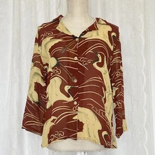 Citron Santa Monica Women's Shirt Small Button Sheer Crane Bird 3/4 Sleeve Rayon