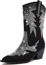 Knee High Cowboy Boots for Women Cowgirl Western Rhinestone Bling... 