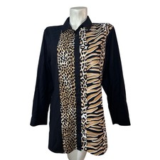 Chicos Womens Mixed Animal Print Button Down Shirt Black Leopard Zebra Size 3 XL