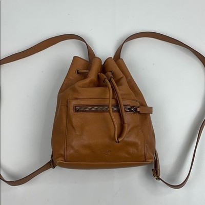Fossil Brown Leather Drawstring Bucket Backpack bag Gold 