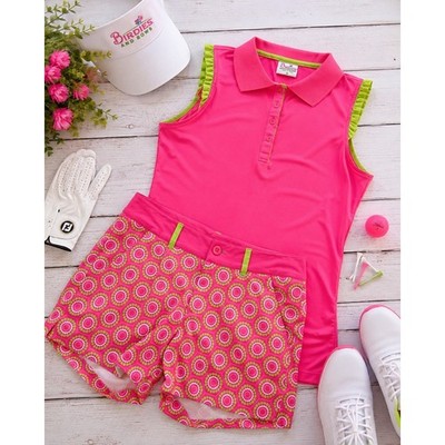 Birdies and Bows Womens Pink Lime Green Ruffle Golf Polo and Shorts Set Small