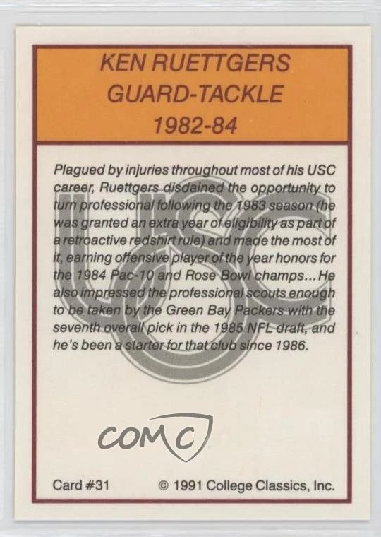 1991 Collegiate Classics USC Trojans All-Time Ken Ruettgers #31 - Image 2 of 2